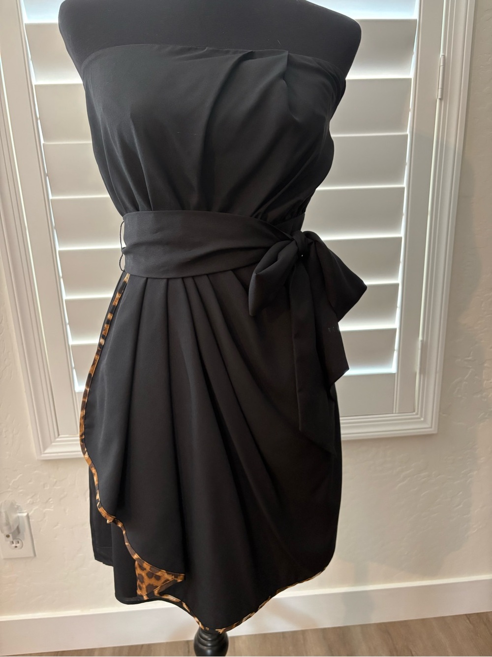 Express Strapless Black Dress with Leopard-Trim Waist Tie